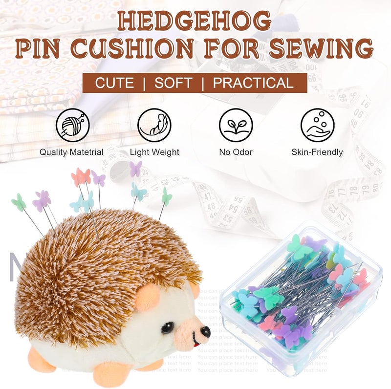 Dingion 101 Pcs Hedgehog Sewing Pincushion Kit Pin Cushions for Sewing Cute Hedgehog Pincushion Butterfly Flat Head Straight Pins DIY Crafts Set Needle Cushions Holder for DIY Jewelry Decor - Image 3